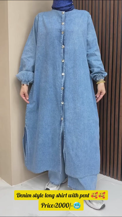 Denim style long shirt with pent  🩵